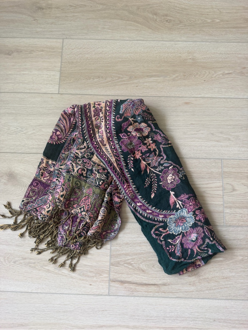 Floral Design Pashmina Scarf in Dark Green and Pink